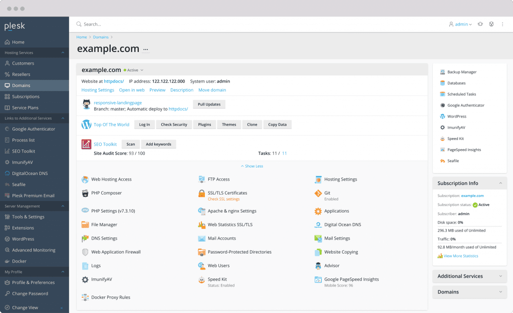 Plesk hosting dashboard preview